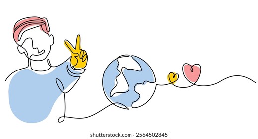 Hand Peace Sign gesture with earth and love symbol in continuous line drawing. Representing global peace, love, and harmony. Vector illustration one line art minimalist.