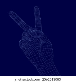 Hand with a peace sign on it is shown in a blue background. The hand is made up of many small dots, giving it a 3D appearance. The peace sign is a symbol of unity and harmony