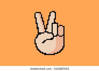 Hand peace sign pixel style illustration vector, 8-bit concept, colorful sign idea, pixel art hand peace, isolated on orange background, flat vector design, animation and video game asset