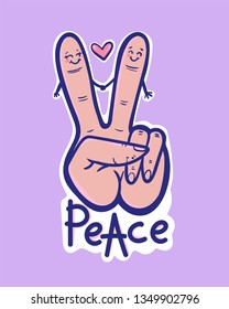 hand with peace sign print on t-shirt, sticker isolated