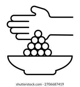 Hand with peas and plate thin line icon, cooking concept. Vector graphics. Spices sign on white background, outline style icon for mobile or web design