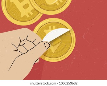 Hand peeling sticker on Bitcoin coin, Bitcoin and Ethereum comparison concept