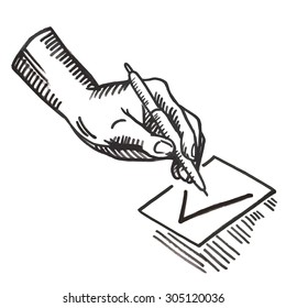 Hand with pen and check boxes. Hand drawn Vector illustration sketch vintage style