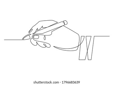 Hand With Pen. Continuous One Line Businessman Hand Holding Pencil And Writing Straight Line. Minimal Handwriting Line Concept. Worker Signing Contract, Putting Signature, Writing Or Drawing