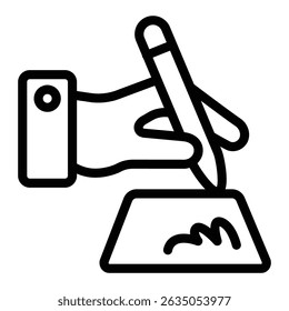 Hand with pen and contract signature line icon, human rights concept. Vector graphics. Signed document paper, justice sign on white background, style mobile or design