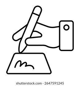 Hand with pen and contract signature thin line icon, human rights concept. Vector graphics. Signed document paper, justice sign on white background, style mobile or design