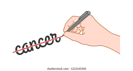 Hand with a pen crossed out the word "cancer". Hand drawn style illustration
