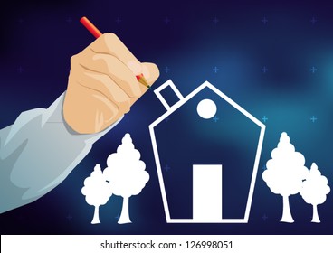Hand with pen drawing house