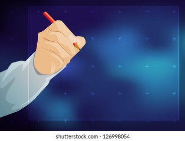 Hand with pen drawing on hi technology screen