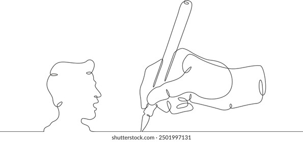 Hand with pen draws talking head. Man speaks. Pencil in hand. Profile of face.One continuous line. Line art. Minimum one line. White background. One line drawing.