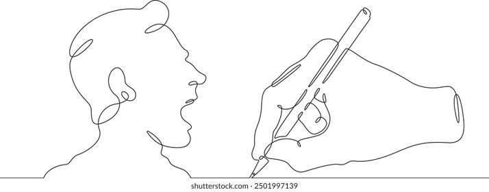 Hand with pen draws talking head. Man speaks. Pencil in hand. Profile of face.One continuous line. Line art. Minimum one line. White background. One line drawing.