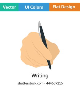 Hand with pen icon. Flat color design. Vector illustration.