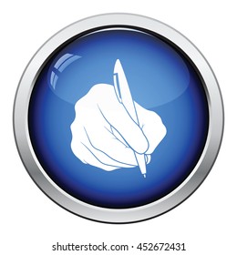 Hand with pen icon. Glossy button design. Vector illustration.