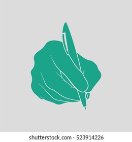 Hand with pen icon. Gray background with green. Vector illustration.
