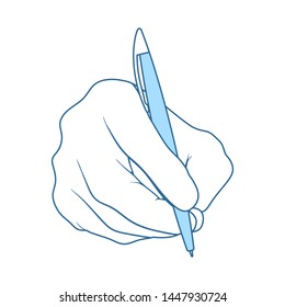 Hand With Pen Icon. Thin Line With Blue Fill Design. Vector Illustration.