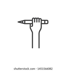 Hand with pen line icon. linear style sign for mobile concept and web design. Hand holding pencil outline vector icon. Education symbol, logo illustration. Vector graphics