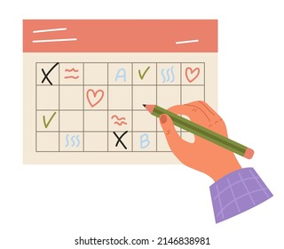 Mano con el concepto de calendario de marca de lápiz. Ilustración de elementos de diseño de dibujos animados planos vectoriales