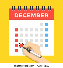 Hand with pen mark calendar. December 25, Christmas day circled. US version with week started on Sunday. Flat design concept for web banners, websites, printed materials. Flat vector illustration