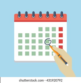 Hand with pen mark calendar. Flat icon. Vector illustration