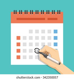 Hand with pen mark calendar. US version with week started on Sunday. Important event. Modern flat design concept for web banners, web sites, printed materials, infographics. Flat vector illustration