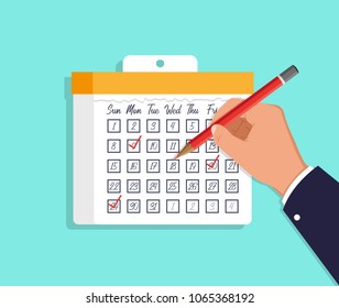 Hand with pen mark calendar. Vector flat illustration