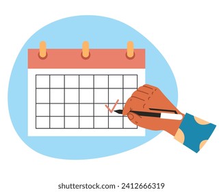 Hand with pen mark calendar. Vector flat illustration