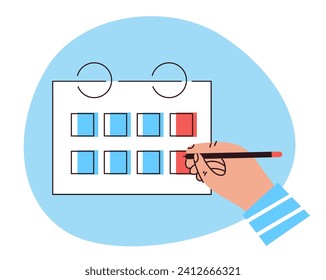 Hand with pen mark calendar. Vector flat illustration