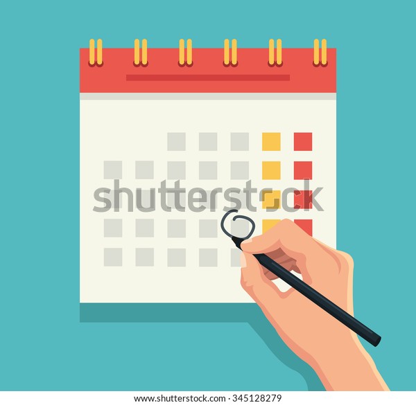 Hand\
with pen mark calendar. Vector flat\
illustration