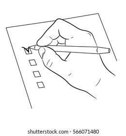 hand and pen mark on checklist on white background of monochrome vector illustrations