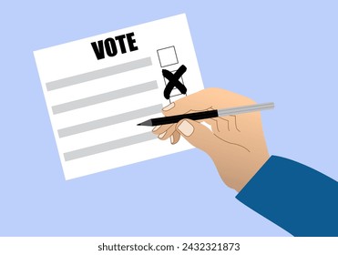 Hand with a pen marking on a paper ballot, voting and election concept