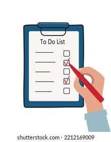 A hand with a pen marks completed tasks. Business plan, election, test. Filling out the document form. Vector illustration in a flat style