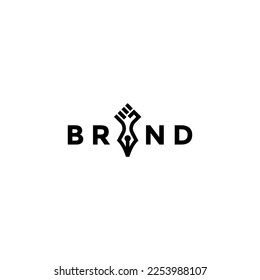 Hand And Pen In One Icon Logo Design. Hand Clenching Gesture Over Nib Icon Logo Design.