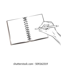 Hand with pen and open book. Vector illustration isolated