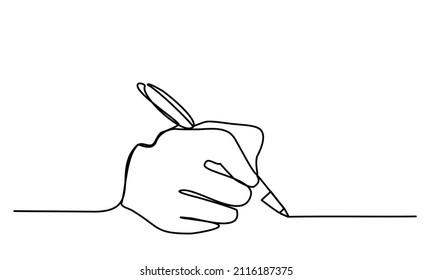 Hand with Pen una Persona escribe en papel Record Escribir una carta firmar un contrato Línea continua dibujando en blanco aislado vector ilustración de moda