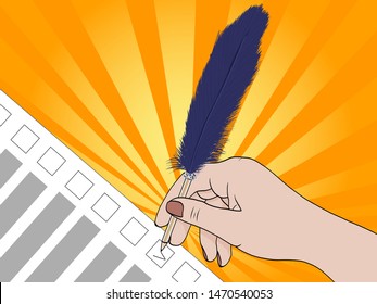 A hand with a pen puts a tick in the form, newsletters. Give voice. Cartoon Pop art background vector Illustration