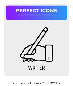 Hand with pen thin line icon, writer sign. Modern vector illustration.