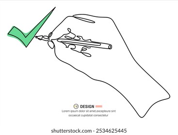 Hand with pen ticking with mark in check