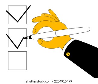 A hand with a pen ticks the boxes. Vector illustration in a minimalist style on the topic of choosing the right solutions.