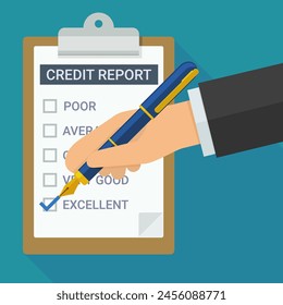 A hand with a pen ticks a credit report placed on a clipboard in flat design style