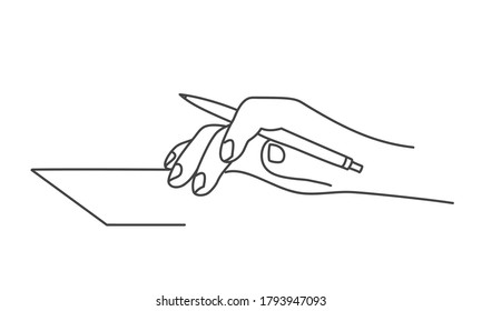 Hand with pen touching. Line drawing vector illustration.