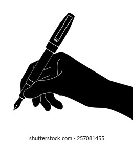 Hand with pen vector icon - black illustration