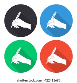 hand with pen vector icon - colored(gray, blue, green, red) round buttons with long shadow