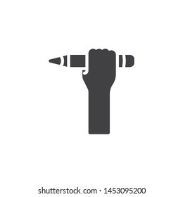 Hand with pen vector icon. filled flat sign for mobile concept and web design. Hand holding pencil glyph icon. Education symbol, logo illustration. Vector graphics