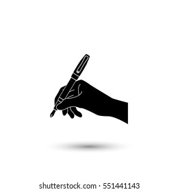 Hand with pen vector icon with round  shadow