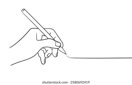 Hand with pen write line, continuous line art drawing isolated on white background. Letter outline. Vector illustration	
