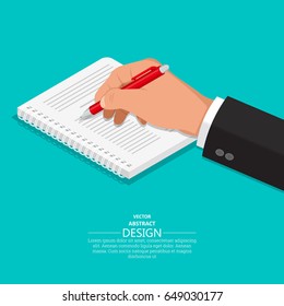 The hand with a pen writes on a notebook.3D style. A vector illustration in an isometry.Flat design. Business concept.Design elements.