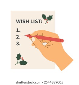 hand with pen writing christmas wish list - vector illustration