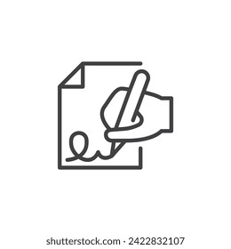 Hand with a pen writing line icon. linear style sign for mobile concept and web design. Hand writing signature outline vector icon. Symbol, logo illustration. Vector graphics