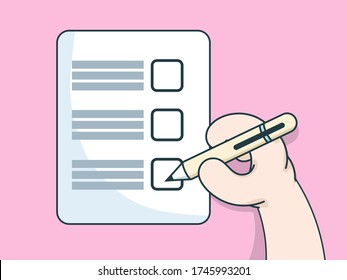 hand with pen writing on check list paper cartoon vector illustration flat design