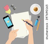 Hand with pen writing on a paper sheet. Overhead point of view. Modern flat design concept. Vector flat illustration.
